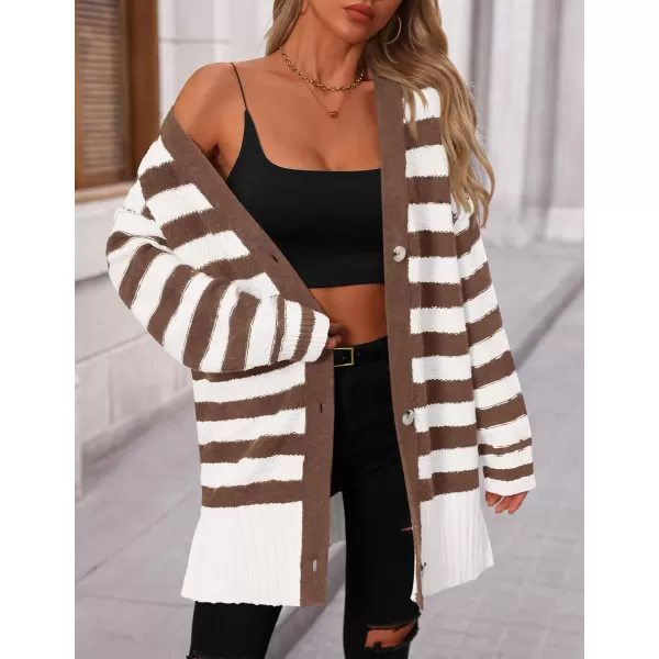 PRETTYGARDEN Womens Striped Cardigan Sweaters Long Sleeve Button Down Chunky Knit Oversized Fall Sweater CoatStriped White Coffee