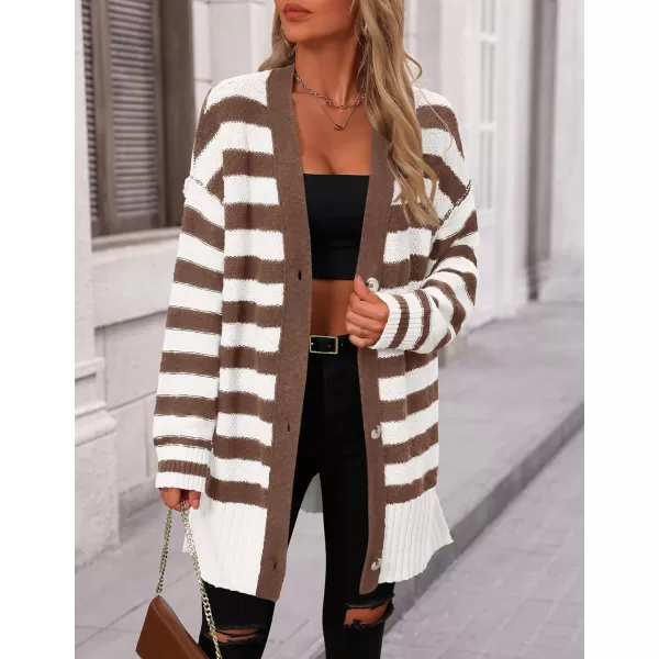 PRETTYGARDEN Womens Striped Cardigan Sweaters Long Sleeve Button Down Chunky Knit Oversized Fall Sweater CoatStriped White Coffee