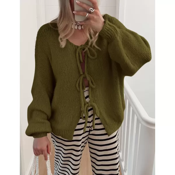 PRETTYGARDEN Womens Tie Front Bow Cardigan Sweaters Chunky Knit Long Puff Sleeve Trendy Fall Winter Jacket CoatsArmy Green