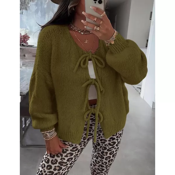 PRETTYGARDEN Womens Tie Front Bow Cardigan Sweaters Chunky Knit Long Puff Sleeve Trendy Fall Winter Jacket CoatsArmy Green
