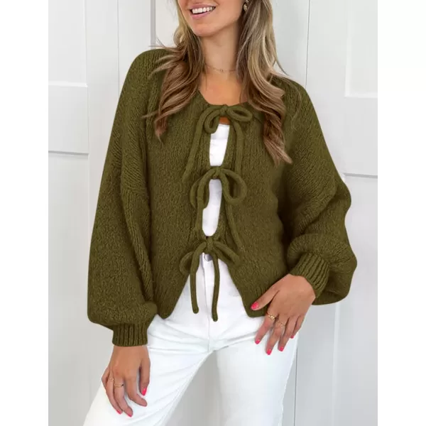 PRETTYGARDEN Womens Tie Front Bow Cardigan Sweaters Chunky Knit Long Puff Sleeve Trendy Fall Winter Jacket CoatsArmy Green