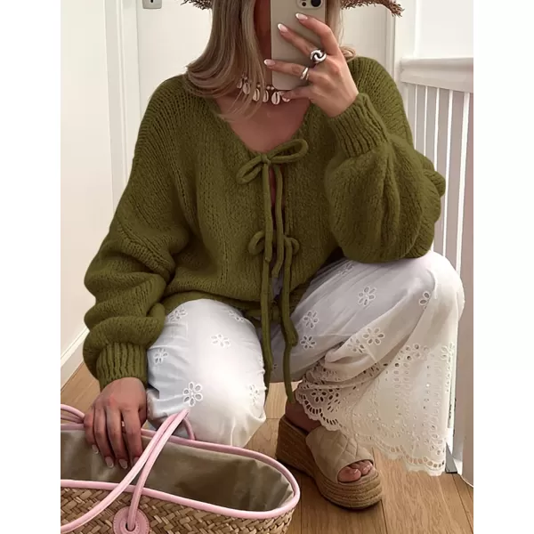 PRETTYGARDEN Womens Tie Front Bow Cardigan Sweaters Chunky Knit Long Puff Sleeve Trendy Fall Winter Jacket CoatsArmy Green