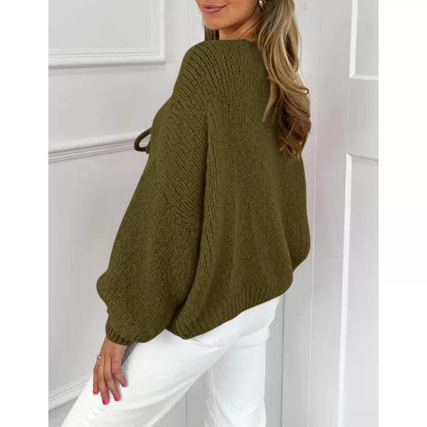 PRETTYGARDEN Womens Tie Front Bow Cardigan Sweaters Chunky Knit Long Puff Sleeve Trendy Fall Winter Jacket CoatsArmy Green