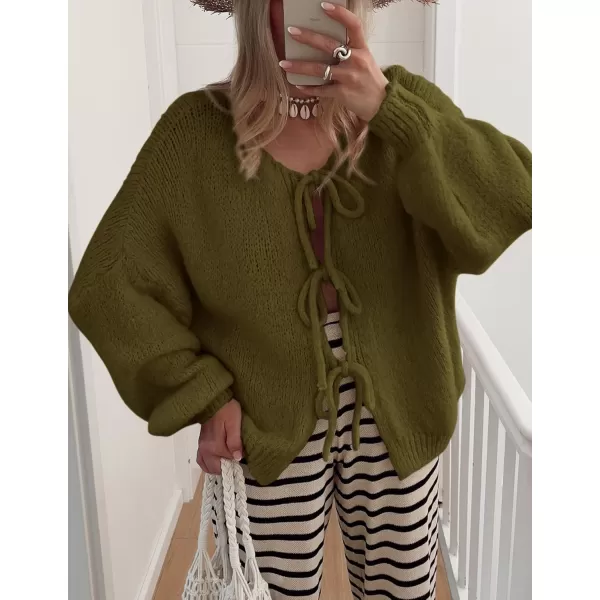 PRETTYGARDEN Womens Tie Front Bow Cardigan Sweaters Chunky Knit Long Puff Sleeve Trendy Fall Winter Jacket CoatsArmy Green