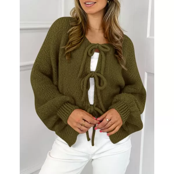 PRETTYGARDEN Womens Tie Front Bow Cardigan Sweaters Chunky Knit Long Puff Sleeve Trendy Fall Winter Jacket CoatsArmy Green