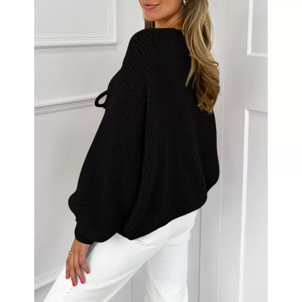 PRETTYGARDEN Womens Tie Front Bow Cardigan Sweaters Chunky Knit Long Puff Sleeve Trendy Fall Winter Jacket CoatsBlack