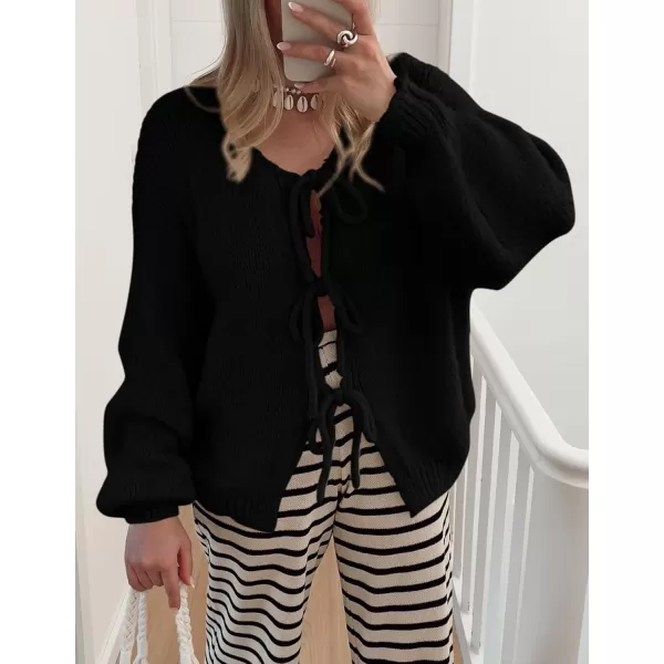 PRETTYGARDEN Womens Tie Front Bow Cardigan Sweaters Chunky Knit Long Puff Sleeve Trendy Fall Winter Jacket CoatsBlack