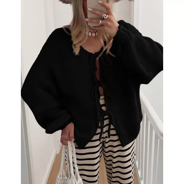 PRETTYGARDEN Womens Tie Front Bow Cardigan Sweaters Chunky Knit Long Puff Sleeve Trendy Fall Winter Jacket CoatsBlack