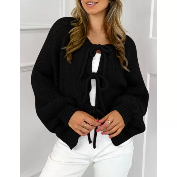 PRETTYGARDEN Womens Tie Front Bow Cardigan Sweaters Chunky Knit Long Puff Sleeve Trendy Fall Winter Jacket CoatsBlack