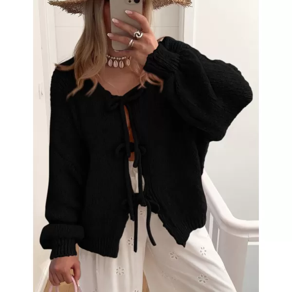 PRETTYGARDEN Womens Tie Front Bow Cardigan Sweaters Chunky Knit Long Puff Sleeve Trendy Fall Winter Jacket CoatsBlack