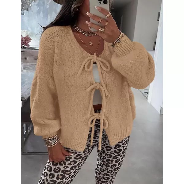 PRETTYGARDEN Womens Tie Front Bow Cardigan Sweaters Chunky Knit Long Puff Sleeve Trendy Fall Winter Jacket CoatsCamel