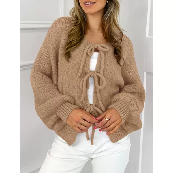 PRETTYGARDEN Womens Tie Front Bow Cardigan Sweaters Chunky Knit Long Puff Sleeve Trendy Fall Winter Jacket CoatsCamel