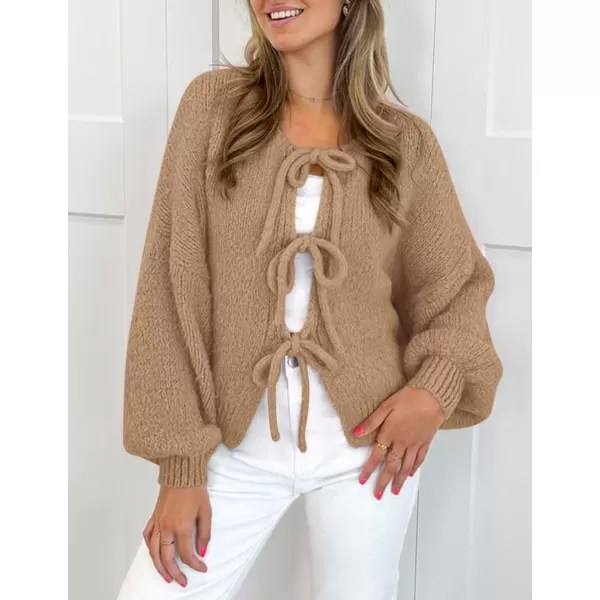 PRETTYGARDEN Womens Tie Front Bow Cardigan Sweaters Chunky Knit Long Puff Sleeve Trendy Fall Winter Jacket CoatsCamel