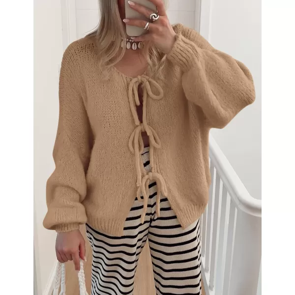 PRETTYGARDEN Womens Tie Front Bow Cardigan Sweaters Chunky Knit Long Puff Sleeve Trendy Fall Winter Jacket CoatsCamel