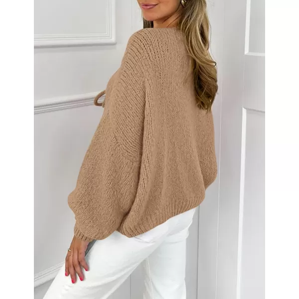 PRETTYGARDEN Womens Tie Front Bow Cardigan Sweaters Chunky Knit Long Puff Sleeve Trendy Fall Winter Jacket CoatsCamel