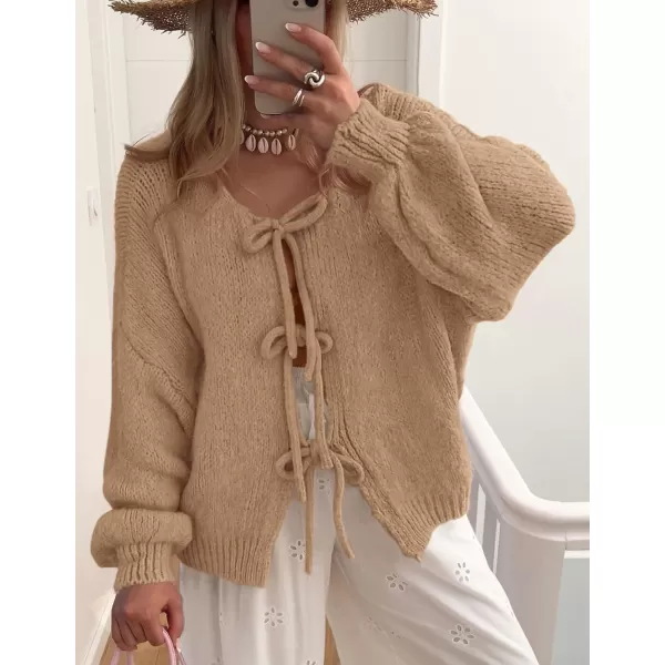 PRETTYGARDEN Womens Tie Front Bow Cardigan Sweaters Chunky Knit Long Puff Sleeve Trendy Fall Winter Jacket CoatsCamel