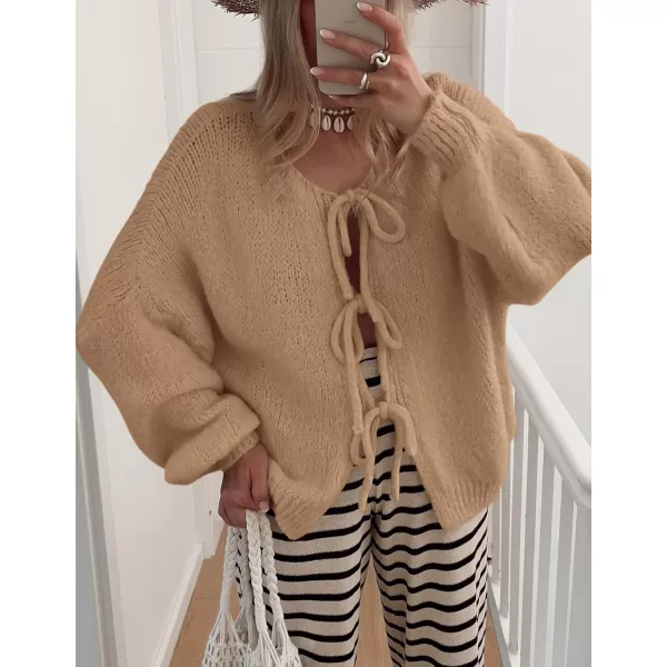 PRETTYGARDEN Womens Tie Front Bow Cardigan Sweaters Chunky Knit Long Puff Sleeve Trendy Fall Winter Jacket CoatsCamel