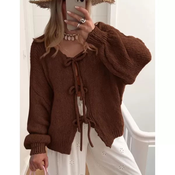 PRETTYGARDEN Womens Tie Front Bow Cardigan Sweaters Chunky Knit Long Puff Sleeve Trendy Fall Winter Jacket CoatsCaramel