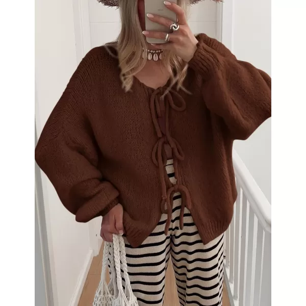 PRETTYGARDEN Womens Tie Front Bow Cardigan Sweaters Chunky Knit Long Puff Sleeve Trendy Fall Winter Jacket CoatsCaramel