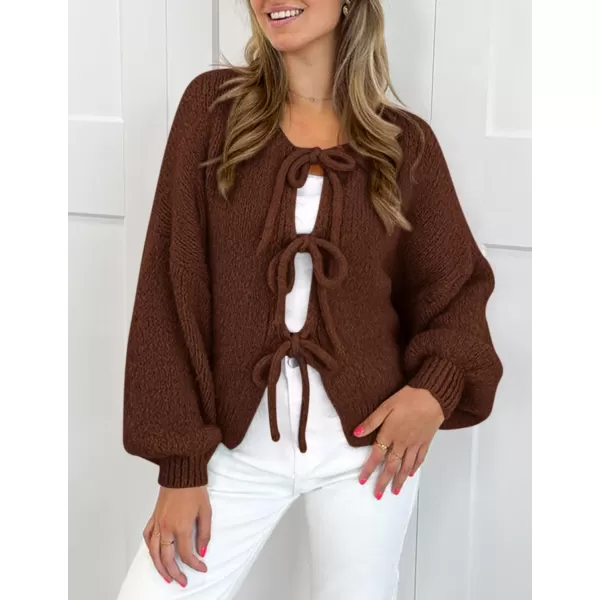 PRETTYGARDEN Womens Tie Front Bow Cardigan Sweaters Chunky Knit Long Puff Sleeve Trendy Fall Winter Jacket CoatsCaramel