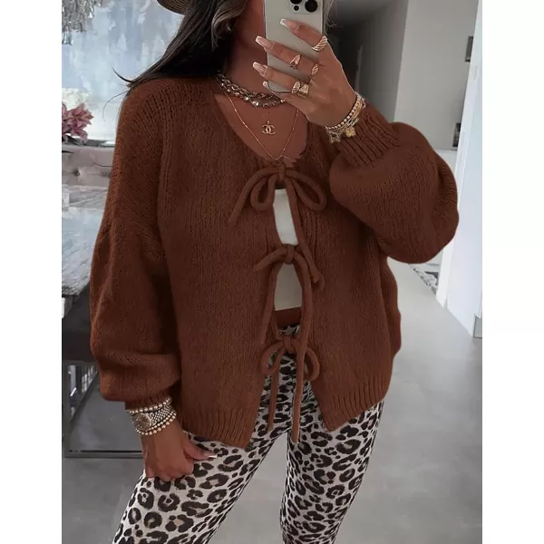 PRETTYGARDEN Womens Tie Front Bow Cardigan Sweaters Chunky Knit Long Puff Sleeve Trendy Fall Winter Jacket CoatsCaramel