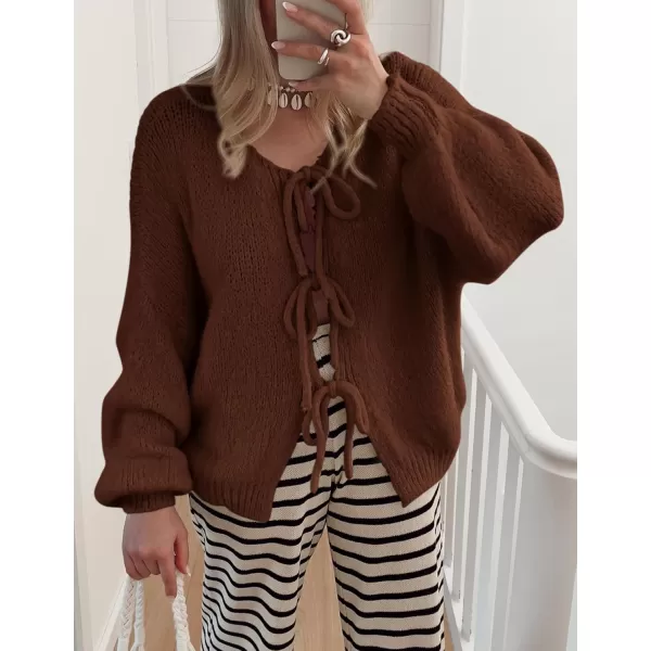 PRETTYGARDEN Womens Tie Front Bow Cardigan Sweaters Chunky Knit Long Puff Sleeve Trendy Fall Winter Jacket CoatsCaramel