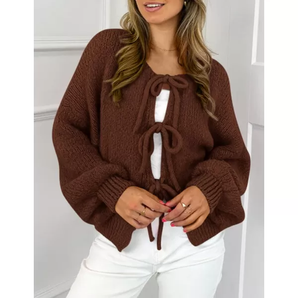 PRETTYGARDEN Womens Tie Front Bow Cardigan Sweaters Chunky Knit Long Puff Sleeve Trendy Fall Winter Jacket CoatsCaramel