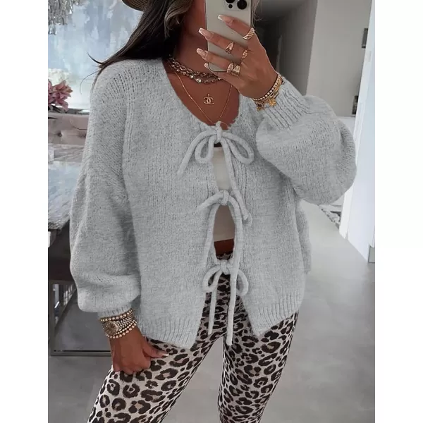 PRETTYGARDEN Womens Tie Front Bow Cardigan Sweaters Chunky Knit Long Puff Sleeve Trendy Fall Winter Jacket CoatsLight Grey