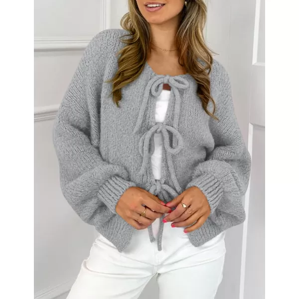 PRETTYGARDEN Womens Tie Front Bow Cardigan Sweaters Chunky Knit Long Puff Sleeve Trendy Fall Winter Jacket CoatsLight Grey