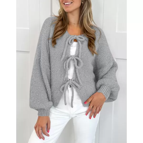 PRETTYGARDEN Womens Tie Front Bow Cardigan Sweaters Chunky Knit Long Puff Sleeve Trendy Fall Winter Jacket CoatsLight Grey