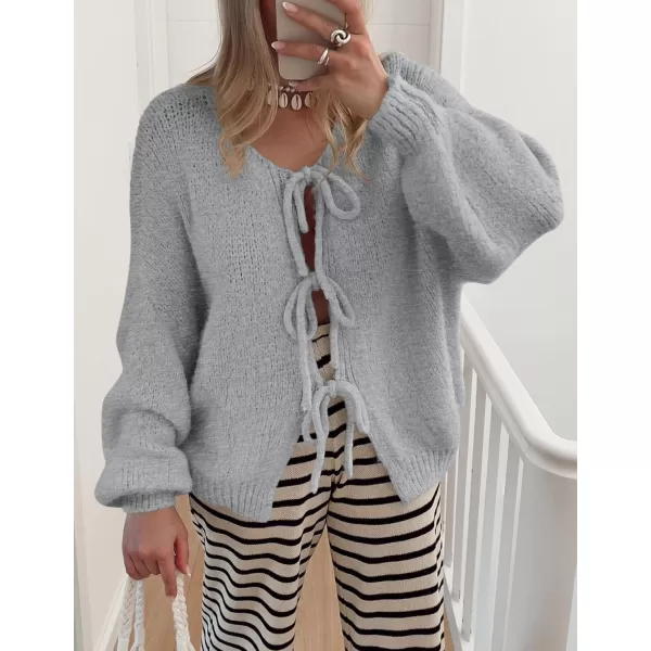 PRETTYGARDEN Womens Tie Front Bow Cardigan Sweaters Chunky Knit Long Puff Sleeve Trendy Fall Winter Jacket CoatsLight Grey
