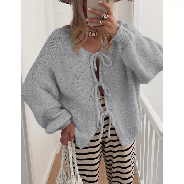 PRETTYGARDEN Womens Tie Front Bow Cardigan Sweaters Chunky Knit Long Puff Sleeve Trendy Fall Winter Jacket CoatsLight Grey