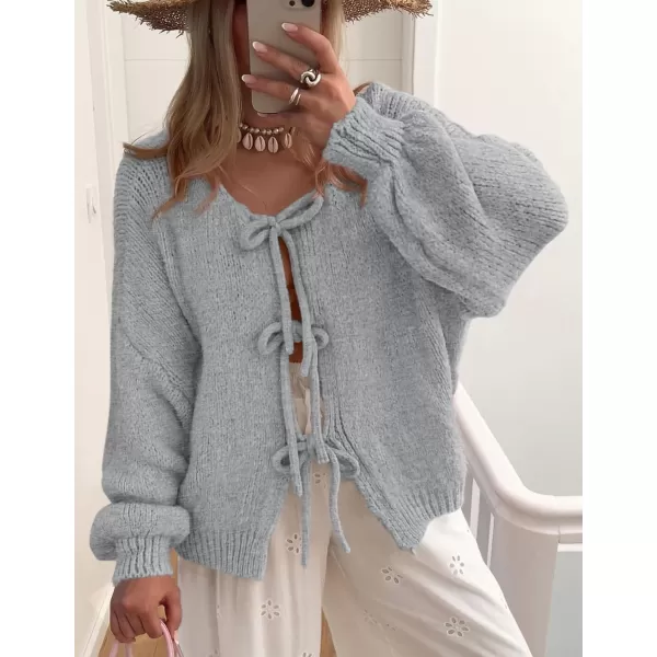 PRETTYGARDEN Womens Tie Front Bow Cardigan Sweaters Chunky Knit Long Puff Sleeve Trendy Fall Winter Jacket CoatsLight Grey