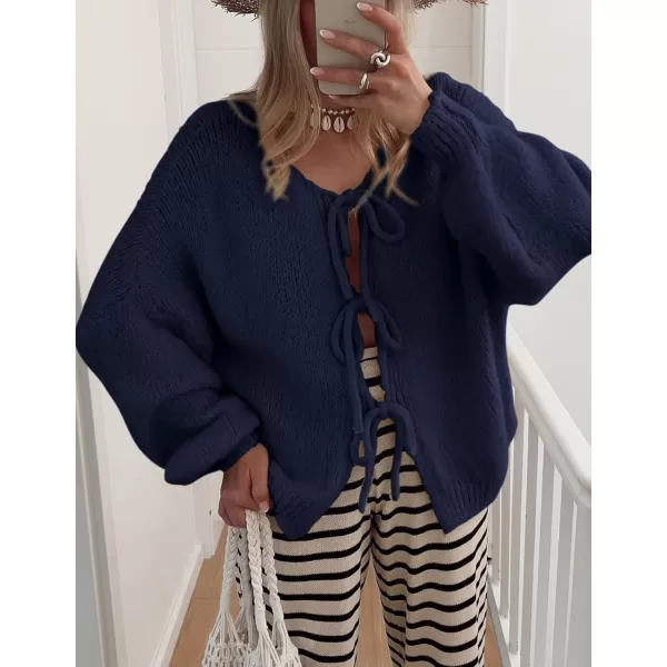 PRETTYGARDEN Womens Tie Front Bow Cardigan Sweaters Chunky Knit Long Puff Sleeve Trendy Fall Winter Jacket CoatsNavy