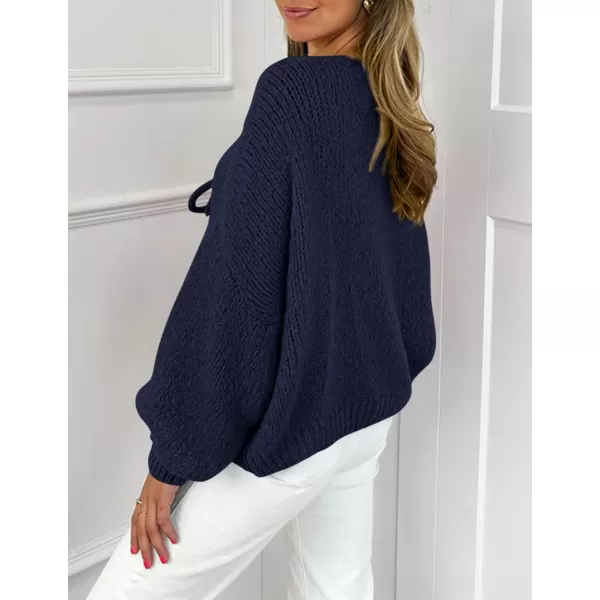 PRETTYGARDEN Womens Tie Front Bow Cardigan Sweaters Chunky Knit Long Puff Sleeve Trendy Fall Winter Jacket CoatsNavy