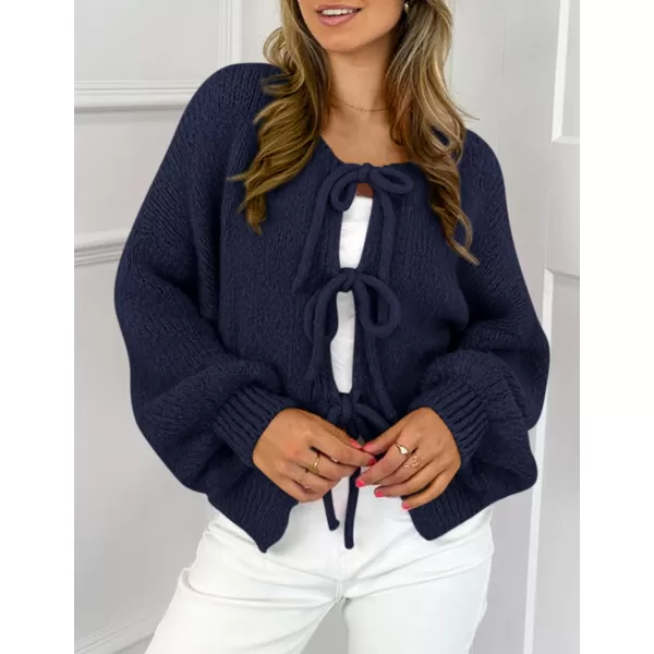 PRETTYGARDEN Womens Tie Front Bow Cardigan Sweaters Chunky Knit Long Puff Sleeve Trendy Fall Winter Jacket CoatsNavy