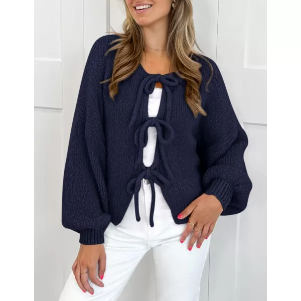 PRETTYGARDEN Womens Tie Front Bow Cardigan Sweaters Chunky Knit Long Puff Sleeve Trendy Fall Winter Jacket CoatsNavy
