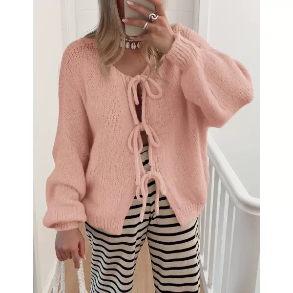 PRETTYGARDEN Womens Tie Front Bow Cardigan Sweaters Chunky Knit Long Puff Sleeve Trendy Fall Winter Jacket CoatsPink