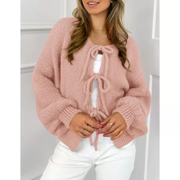 PRETTYGARDEN Womens Tie Front Bow Cardigan Sweaters Chunky Knit Long Puff Sleeve Trendy Fall Winter Jacket CoatsPink