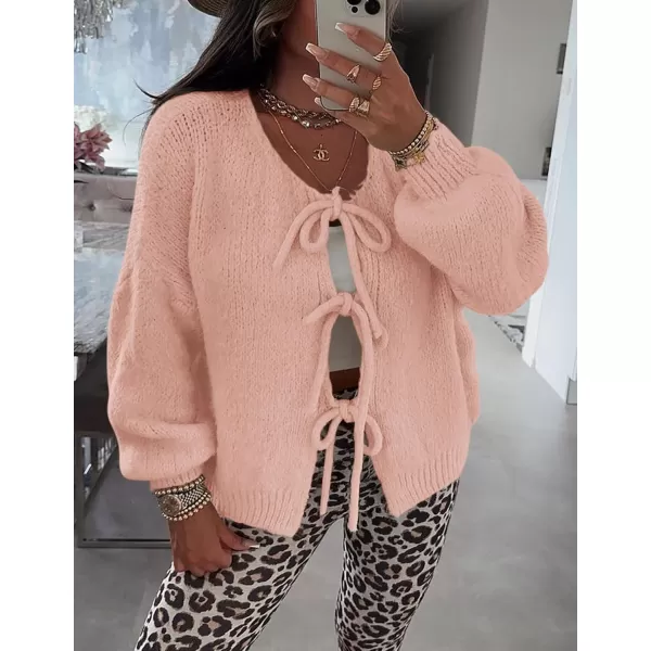PRETTYGARDEN Womens Tie Front Bow Cardigan Sweaters Chunky Knit Long Puff Sleeve Trendy Fall Winter Jacket CoatsPink