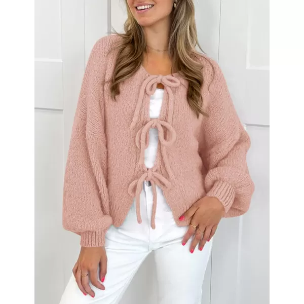 PRETTYGARDEN Womens Tie Front Bow Cardigan Sweaters Chunky Knit Long Puff Sleeve Trendy Fall Winter Jacket CoatsPink