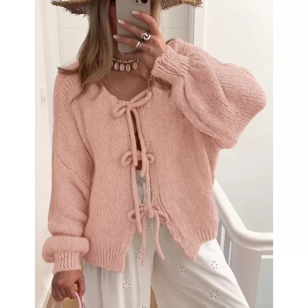 PRETTYGARDEN Womens Tie Front Bow Cardigan Sweaters Chunky Knit Long Puff Sleeve Trendy Fall Winter Jacket CoatsPink