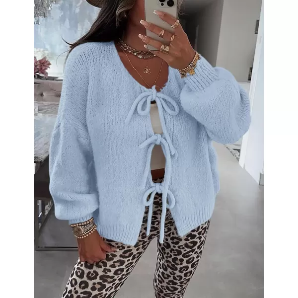 PRETTYGARDEN Womens Tie Front Bow Cardigan Sweaters Chunky Knit Long Puff Sleeve Trendy Fall Winter Jacket CoatsSky Blue