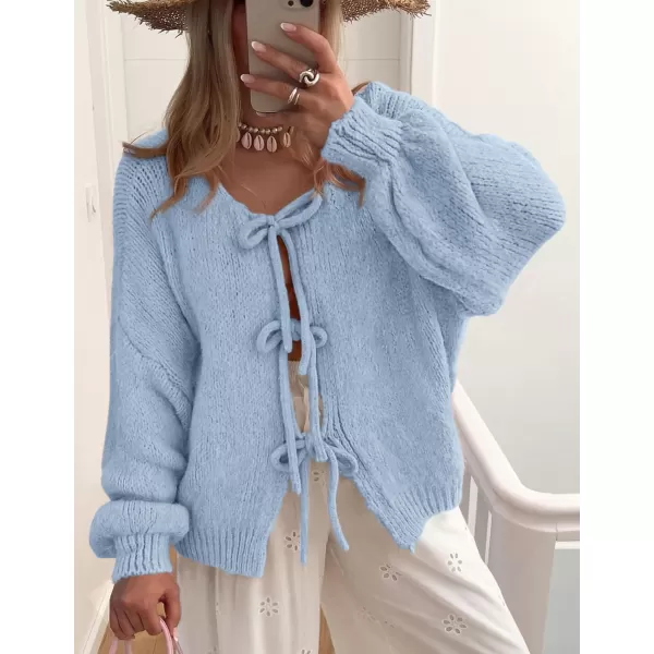PRETTYGARDEN Womens Tie Front Bow Cardigan Sweaters Chunky Knit Long Puff Sleeve Trendy Fall Winter Jacket CoatsSky Blue