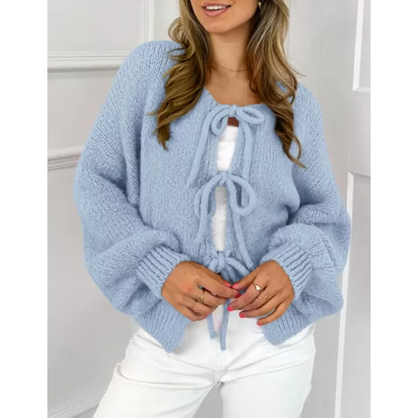 PRETTYGARDEN Womens Tie Front Bow Cardigan Sweaters Chunky Knit Long Puff Sleeve Trendy Fall Winter Jacket CoatsSky Blue