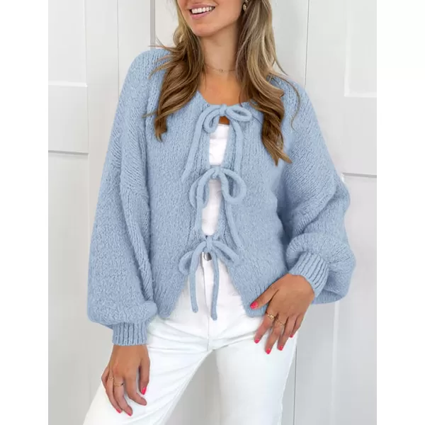 PRETTYGARDEN Womens Tie Front Bow Cardigan Sweaters Chunky Knit Long Puff Sleeve Trendy Fall Winter Jacket CoatsSky Blue