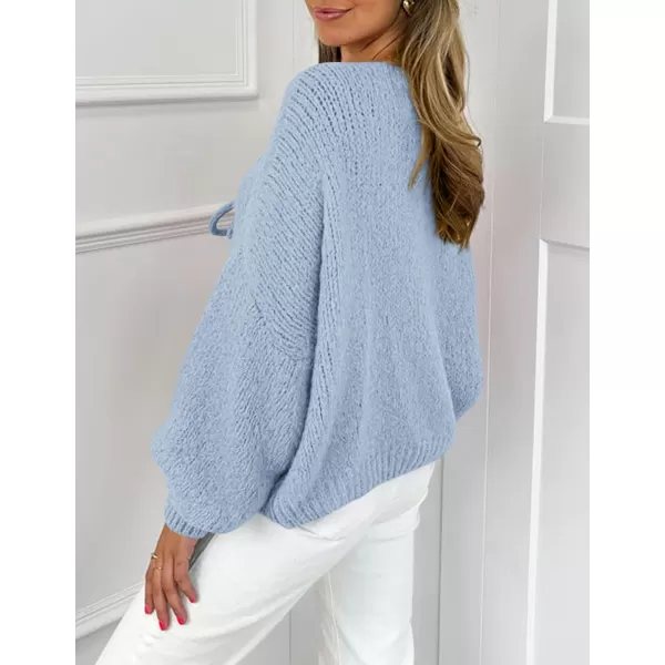 PRETTYGARDEN Womens Tie Front Bow Cardigan Sweaters Chunky Knit Long Puff Sleeve Trendy Fall Winter Jacket CoatsSky Blue