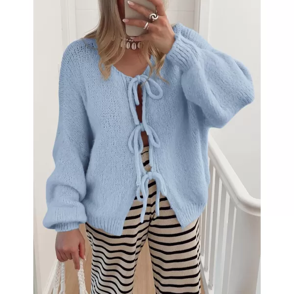 PRETTYGARDEN Womens Tie Front Bow Cardigan Sweaters Chunky Knit Long Puff Sleeve Trendy Fall Winter Jacket CoatsSky Blue