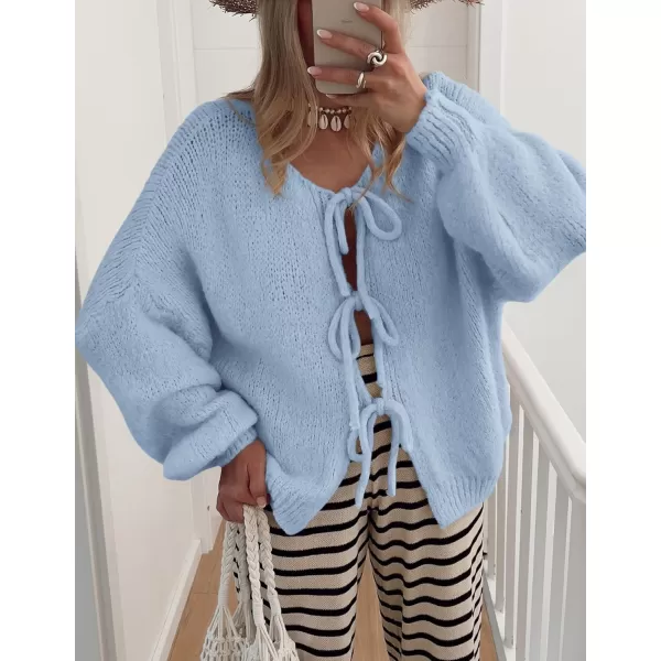 PRETTYGARDEN Womens Tie Front Bow Cardigan Sweaters Chunky Knit Long Puff Sleeve Trendy Fall Winter Jacket CoatsSky Blue