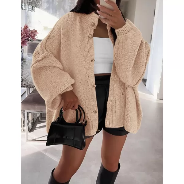PRETTYGARDEN Womens Winter Button Down Cardigan Sweaters Mock Neck Lantern Long Sleeve Chunky Knit Jacket Trendy OuterwearApricot